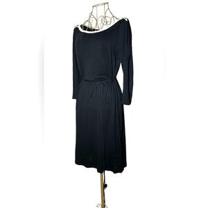 Lauren Ralph Lauren Black Midi Dress w/ White-Trimmed Boatneck & Gold Buttons, L